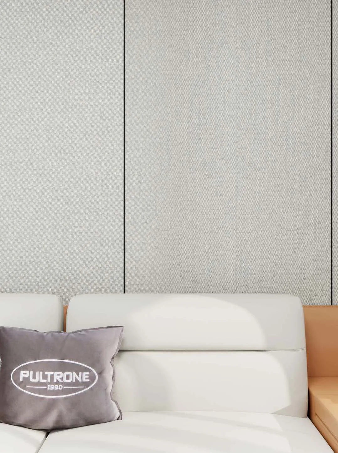 Canapé devant un mur de panneaux effet tissu